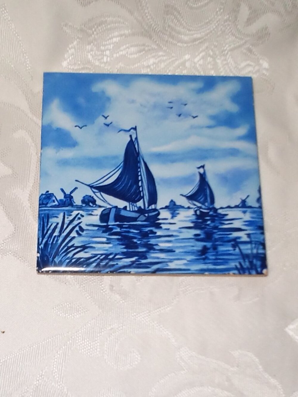 Rare Vintage Tile Hand-painted Dutch Delft Style Sailboats Windmills 1960's
